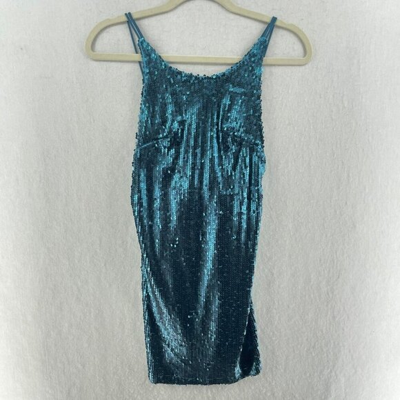 Motel Dress Womens Sz XS Blue Gigi Mini Loose A-Line Sequin Backless Multi-Strap - Picture 1 of 9